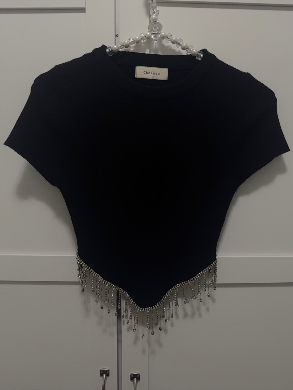 Chelsea Black Ribbed Knit Rhinestone Fringe Crop Top Size S